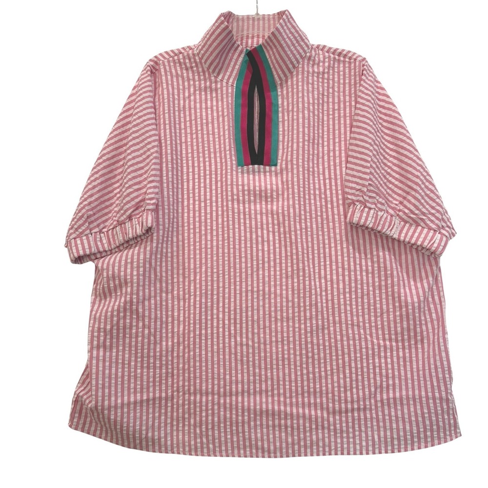 Pink Striped Women's Blouse with Multicolor Placket